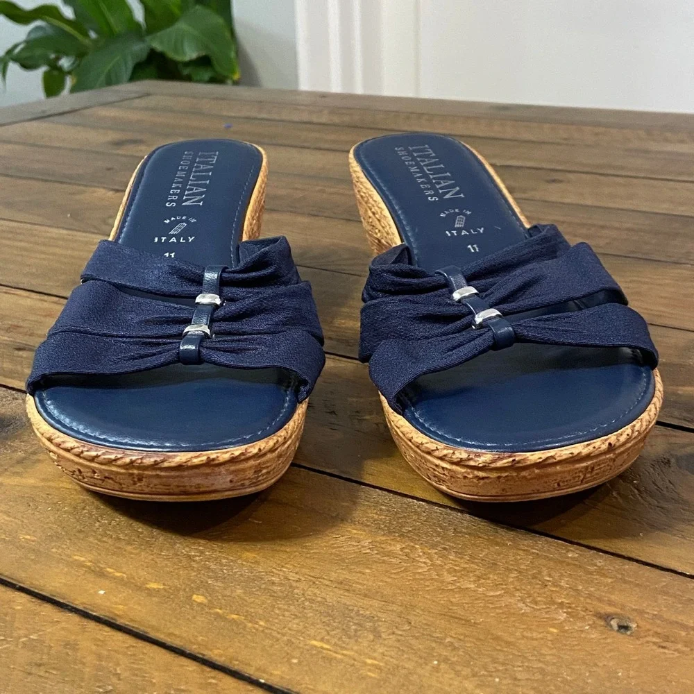 Italian Shoemakers Navy Blue Wedge‎ Sandals Knotted Strap Slides Womens 11 Italy